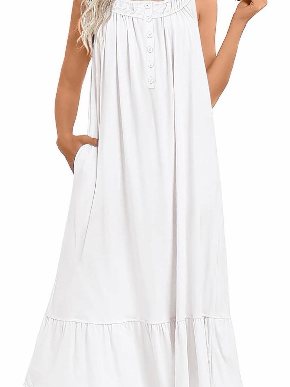 Sleeveless White Cotton Nightdress with Button Front